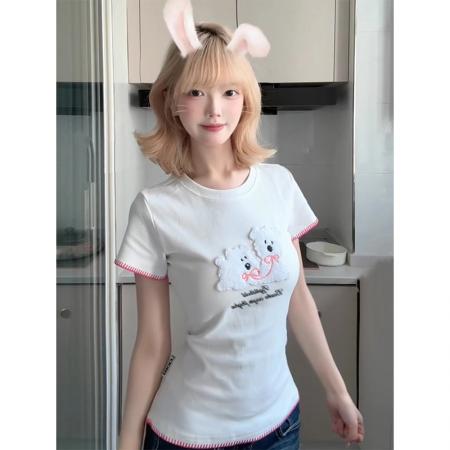 FA39261# 螺纹短袖t恤夏新款刺绣花短款修身圆领上衣女装  服裝批發女裝批發服飾貨源