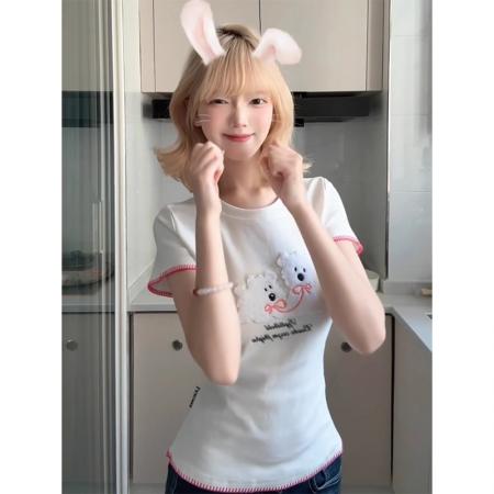 FA39261# 螺纹短袖t恤夏新款刺绣花短款修身圆领上衣女装  服裝批發女裝批發服飾貨源