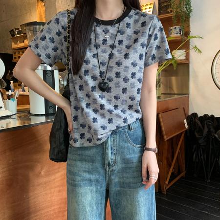 FA39262# 短袖t恤夏新款设计感潮渐变四叶草撞色圆领上衣大码女装  服裝批發女裝批發服飾貨源
