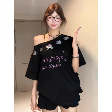 FA39266# 大码女装200斤短袖t恤夏新款潮宽松烫钻斜领上衣  服裝批發女裝批發服飾貨源