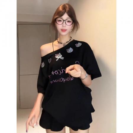 FA39266# 大码女装200斤短袖t恤夏新款潮宽松烫钻斜领上衣  服裝批發女裝批發服飾貨源