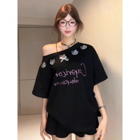FA39266# 大码女装200斤短袖t恤夏新款潮宽松烫钻斜领上衣  服裝批發女裝批發服飾貨源