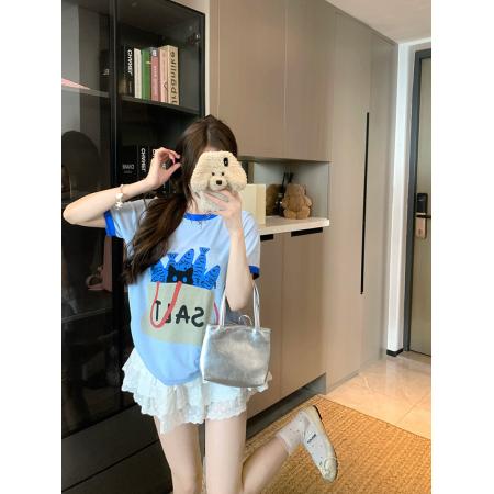 FA39267# 大码女装200斤短袖t恤夏新款潮短款趣味印花撞色圆领上衣  服裝批發女裝批發服飾貨源