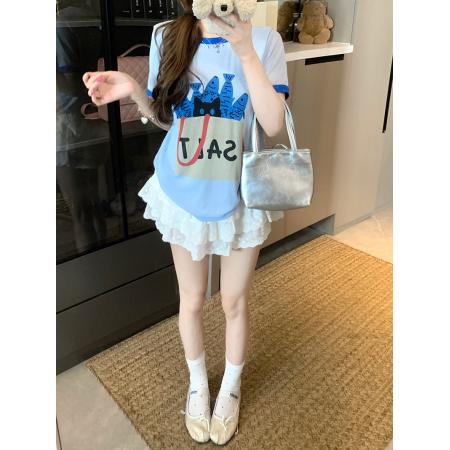 FA39267# 大码女装200斤短袖t恤夏新款潮短款趣味印花撞色圆领上衣  服裝批發女裝批發服飾貨源