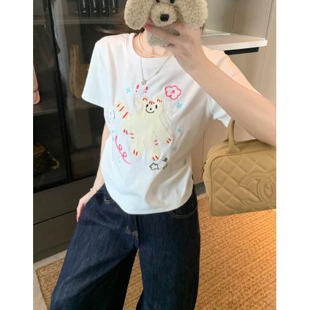 FA39270# 纯棉螺纹短袖t恤夏短款修身卡通刺绣花圆领韩版上衣女装  服裝批發女裝批發服飾貨源