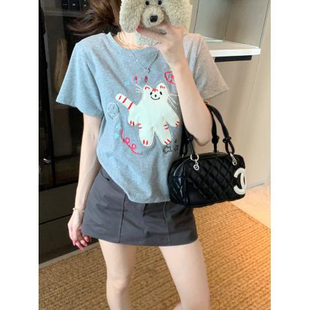 FA39270# 纯棉螺纹短袖t恤夏短款修身卡通刺绣花圆领韩版上衣女装  服裝批發女裝批發服飾貨源