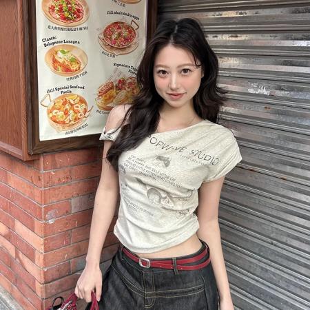 FA39277# 短袖t恤夏新款短款修身不规则露肩斜领上衣女装  服裝批發女裝批發服飾貨源
