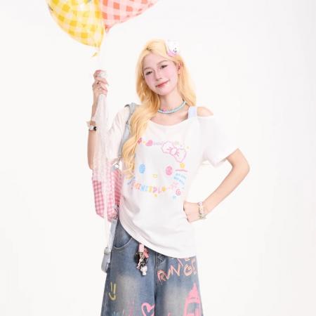 FA39279# 纯棉螺纹短袖t恤夏新款潮立体装饰中长宽松圆领上衣女装  服裝批發女裝批發服飾貨源
