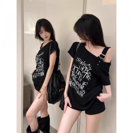 FA39280# 纯棉螺纹短袖t恤夏新款潮宽松涂鸦印花露肩斜领上衣女装  服裝批發女裝批發服飾貨源