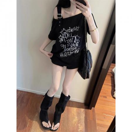 FA39280# 纯棉螺纹短袖t恤夏新款潮宽松涂鸦印花露肩斜领上衣女装  服裝批發女裝批發服飾貨源