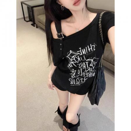 FA39280# 纯棉螺纹短袖t恤夏新款潮宽松涂鸦印花露肩斜领上衣女装  服裝批發女裝批發服飾貨源