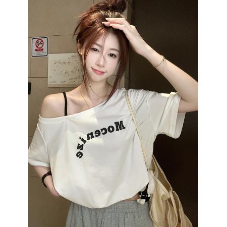 FA39282# 索罗娜短袖t恤夏新款吊带印花短款宽松露肩斜领上衣女装  服裝批發女裝批發服飾貨源
