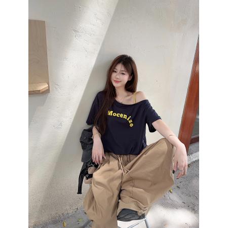 FA39282# 索罗娜短袖t恤夏新款吊带印花短款宽松露肩斜领上衣女装  服裝批發女裝批發服飾貨源