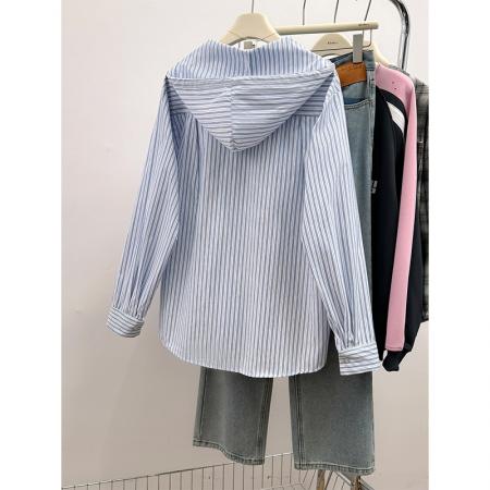 FA39284# 女早秋新款条纹流印花口袋设计感纽扣薄衬衫连帽韩版上衣  服裝批發女裝批發服飾貨源