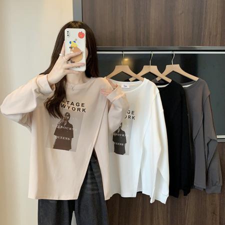 FA39291# 原版质量卫衣女薄款潮初秋新款宽松圆领开叉下摆韩版上衣  服裝批發女裝批發服飾貨源