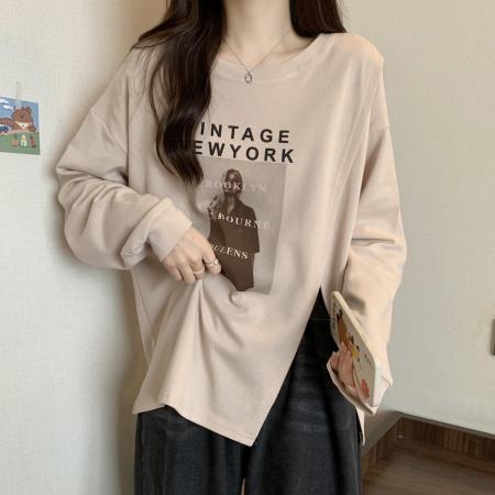 FA39291# 原版质量卫衣女薄款潮初秋新款宽松圆领开叉下摆韩版上衣  服裝批發女裝批發服飾貨源