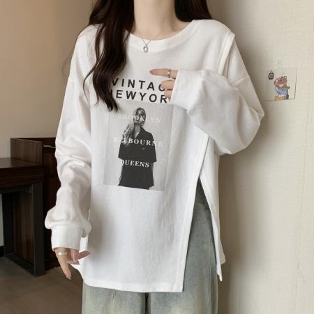 FA39291# 原版质量卫衣女薄款潮初秋新款宽松圆领开叉下摆韩版上衣  服裝批發女裝批發服飾貨源