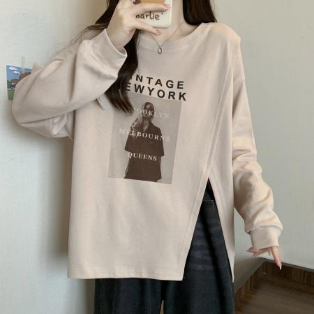 FA39291# 原版质量卫衣女薄款潮初秋新款宽松圆领开叉下摆韩版上衣  服裝批發女裝批發服飾貨源