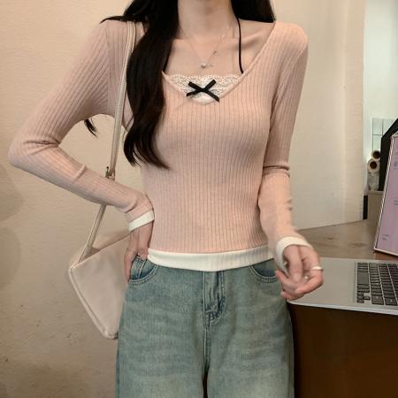 FA39296# 长袖t恤女装春秋薄款挂脖潮流蕾丝修身打底衫V领韩版上衣  服裝批發女裝批發服飾貨源