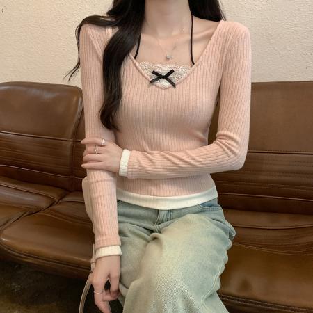 FA39296# 长袖t恤女装春秋薄款挂脖潮流蕾丝修身打底衫V领韩版上衣  服裝批發女裝批發服飾貨源