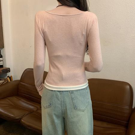 FA39296# 长袖t恤女装春秋薄款挂脖潮流蕾丝修身打底衫V领韩版上衣  服裝批發女裝批發服飾貨源