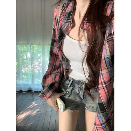 FA39307# 格子布刺绣花女秋季新款潮设计感口袋薄衬衫翻领韩版上衣  服裝批發女裝批發服飾貨源