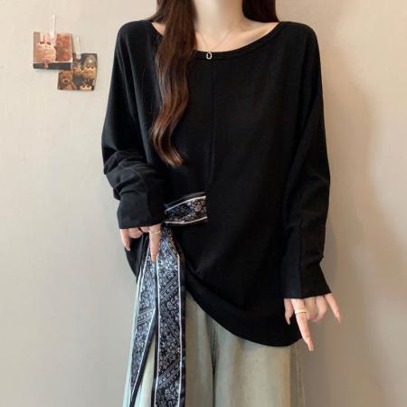 FA39325# 大码法式设计感丝巾绑带收腰磨毛长袖T恤女胖mm气质圆领上衣  服裝批發女裝批發服飾貨源