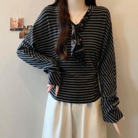 FA39326# 大码胖mm韩版简约条纹长袖上衣女早秋新款宽松打底衫上衣  服裝批發女裝批發服飾貨源
