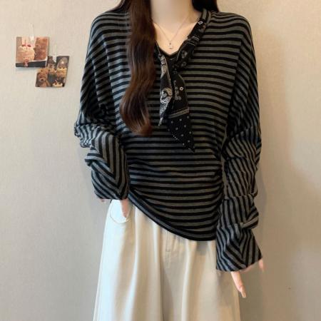 FA39326# 大码胖mm韩版简约条纹长袖上衣女早秋新款宽松打底衫上衣  服裝批發女裝批發服飾貨源