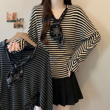 FA39326# 大码胖mm韩版简约条纹长袖上衣女早秋新款宽松打底衫上衣  服裝批發女裝批發服飾貨源