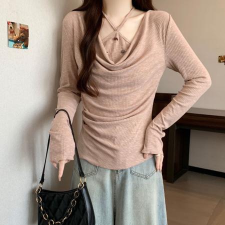 FA39328# 大码挂脖假两件设计感长袖针织衫女胖mm修身显瘦吊带打底衫  服裝批發女裝批發服飾貨源