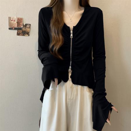 FA39343# 大码女装秋冬新款不规则双拉链设计感修身显瘦长袖T恤上衣  服裝批發女裝批發服飾貨源