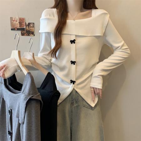 FA39344# 大码女秋冬正肩纯欲不规则设计感长袖上衣辣妹T恤显瘦打底衫  服裝批發女裝批發服飾貨源