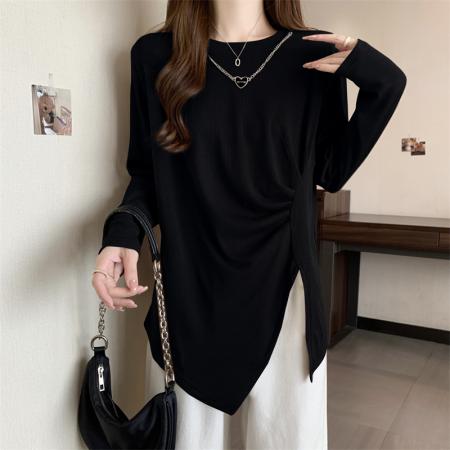 FA39345# 大码女装秋冬新款不规则正肩长袖t恤女辣妹小众上衣  服裝批發女裝批發服飾貨源