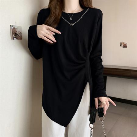 FA39345# 大码女装秋冬新款不规则正肩长袖t恤女辣妹小众上衣  服裝批發女裝批發服飾貨源