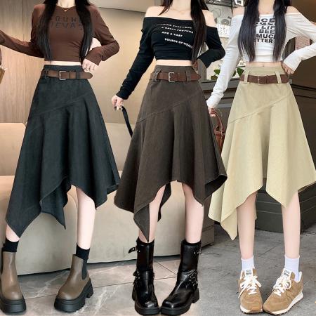FA39347# 美拉德艺术感不规则半身裙女秋季新款辣妹设计感牛仔中长裙子  服裝批發女裝批發服飾貨源