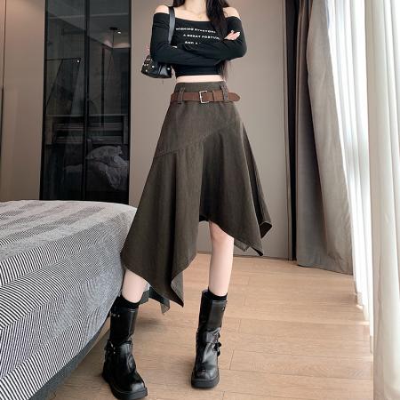 FA39347# 美拉德艺术感不规则半身裙女秋季新款辣妹设计感牛仔中长裙子  服裝批發女裝批發服飾貨源