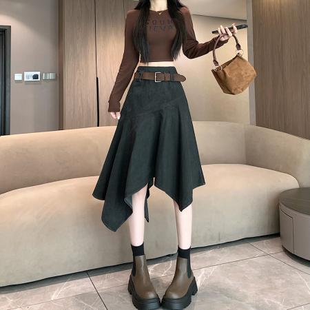 FA39347# 美拉德艺术感不规则半身裙女秋季新款辣妹设计感牛仔中长裙子  服裝批發女裝批發服飾貨源