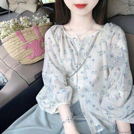 FA39349# 乌77小清新碎花长袖衬衫小个子宽松显瘦圆领甜美少女感百搭雪纺衫  服裝批發女裝批發服飾貨源