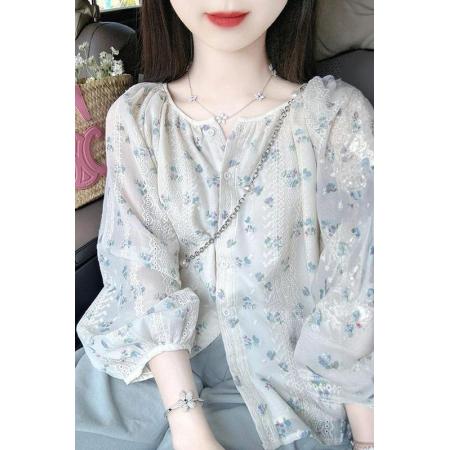 FA39349# 乌77小清新碎花长袖衬衫小个子宽松显瘦圆领甜美少女感百搭雪纺衫  服裝批發女裝批發服飾貨源