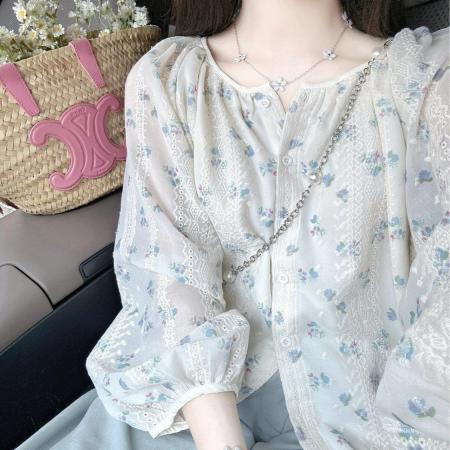 FA39349# 乌77小清新碎花长袖衬衫小个子宽松显瘦圆领甜美少女感百搭雪纺衫  服裝批發女裝批發服飾貨源