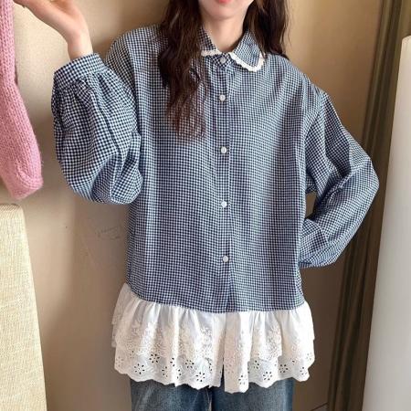 FA39350# 韩系新款甜美风蕾丝花边拼接娃娃领叠穿磨毛格纹衬衫女上衣潮  服裝批發女裝批發服飾貨源