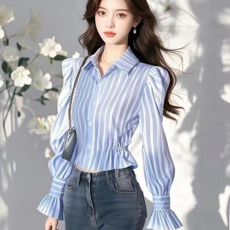 FA39351# 高级感蓝色条纹翻领衬衫女早春小个子别致绝美漂亮独特超好看上衣  服裝批發女裝批發服飾貨源