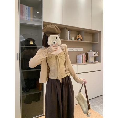 FA39357# 大码纯欲风蕾丝蝴蝶结吊带背心女秋季新款开衫上衣两件套  服裝批發女裝批發服飾貨源