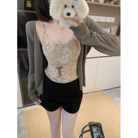 FA39358# 大码法式气质提花蕾丝背心圆领纽扣长袖针织开衫秋季两件套  服裝批發女裝批發服飾貨源