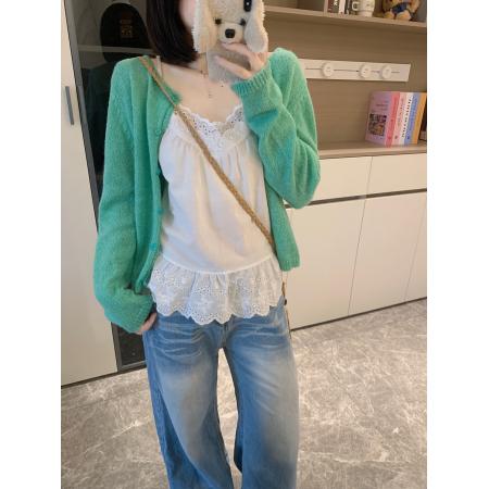 FA39359# 大码甜美套装V领蕾丝吊带背心女秋季长袖针织开衫外套两件套  服裝批發女裝批發服飾貨源