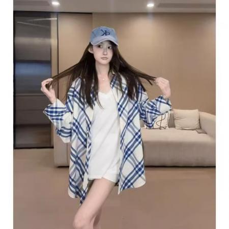 FA39360# 经典蓝白格纹休闲衬衫男友风外套防晒衣女松弛感慵懒风  服裝批發女裝批發服飾貨源