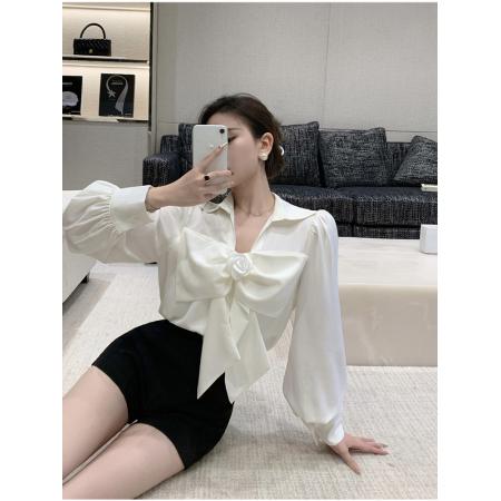 FA39361# 白色法式蝴蝶结衬衫女设计感小众高级感小个子雪纺衬衣上衣春秋  服裝批發女裝批發服飾貨源