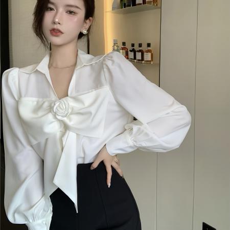 FA39361# 白色法式蝴蝶结衬衫女设计感小众高级感小个子雪纺衬衣上衣春秋  服裝批發女裝批發服飾貨源