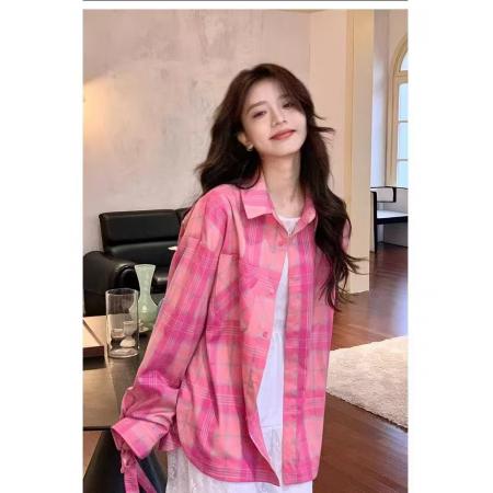 FA39362# 粉色格子衬衫女春秋季韩版宽松休闲防晒长袖衬衣外套  服裝批發女裝批發服飾貨源